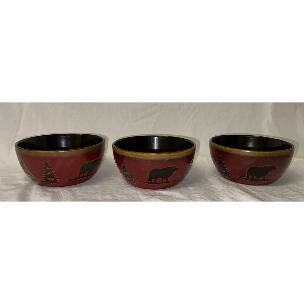 Home Studio Woodland Red Stoneware Soup Bowls Black Bear Pine Tree Rustic Lodge